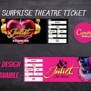 Sjabloon & Juliet Broadway The Musical Surprise Ticket The Theatre, Instant Download, 100% aanpasbaar in Canva, thuis afdrukbaar
