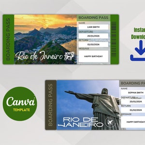 Plantilla imprimible de boletos de viaje sorpresa de Río de Janeiro, boleto de vacaciones, descarga instantánea de archivos PDF editables Pase, impresión en casa.