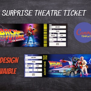 May include: Two printable Back to the Future themed tickets for a surprise theatre outing. The tickets feature a blue and black design with a photo of the DeLorean time machine and the text "Back to the Future The Musical".