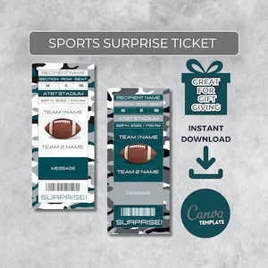 May include: Two sports surprise tickets with a football graphic, featuring text fields for recipient name, stadium, date, and team names. The tickets have a camouflage pattern and the word "SURPRISE!" at the bottom. The image also includes the text "GREAT FOR GIFT GIVING" and "INSTANT DOWNLOAD".