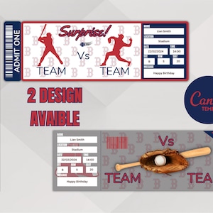 Puede incluir: Dos plantillas de boletos de béisbol imprimibles. La primera plantilla presenta un tema de béisbol rojo, blanco y azul con siluetas de jugadores de béisbol. La segunda plantilla presenta un tema de béisbol gris y rojo con un guante de béisbol y un bate. Ambas plantillas incluyen el texto "¡Sorpresa!" y "Equipo contra Equipo".