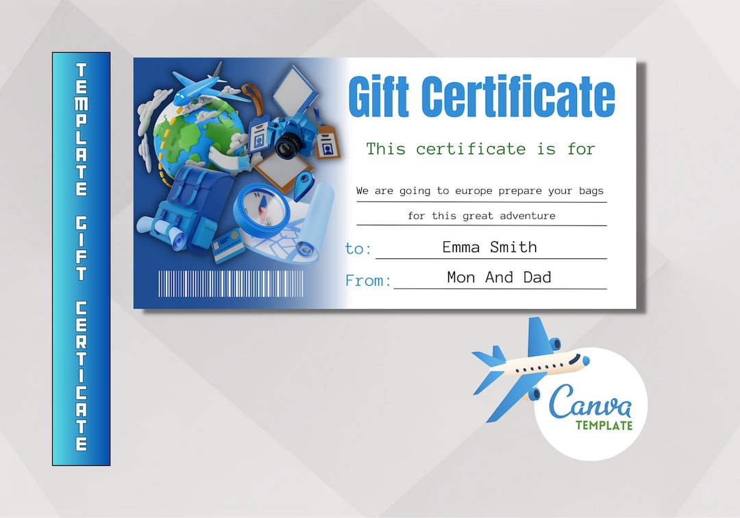 Editable Travel Gift Certificate , Printable Travel Gift Certificate Editable Travel Gift Certificate , Printable Travel Gift Certificate