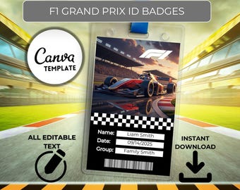 Badge identificativo VIP del Gran Premio di F1 – Pass modificabile per il giorno della gara – Badge identificativi regalo a sorpresa – Stampabili e scaricabili immediatamente per compleanni o viaggi