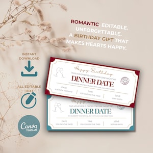 Peut inclure: Deux bons cadeaux pour un dîner. L'un est bordeaux et l'autre est turquoise. Les bons indiquent "Joyeux anniversaire" et "Dîner" avec un espace pour la date, l'heure et les noms. Le texte sur l'image dit "Romantique. Modifiable. Inoubliable. Un cadeau d'anniversaire qui rend les cœurs heureux."