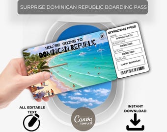 Dominican Republic Trip Gift Ticket – Surprise Boarding Pass – Editable Travel Voucher –Instant Download –Printable for Birthday or Vacation