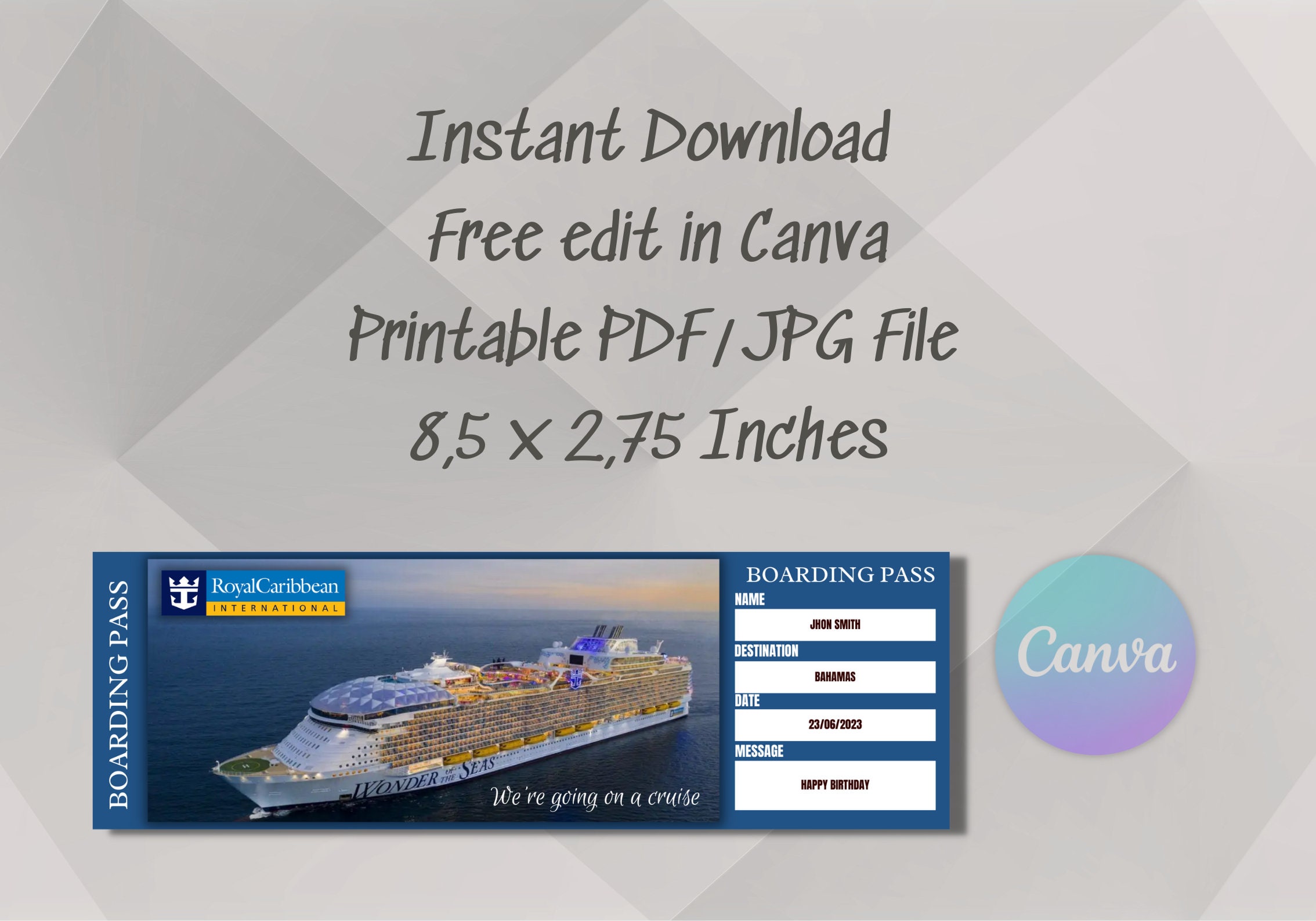 Printable Royal Caribbean Surprise Travel Tickets, Vacation Ticket, Instant Download of Editable ...