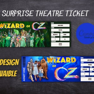 Druckbare der Zauberer von Oz The Musical Überraschungsticket-Vorlage für das Theater, einfach zu bearbeiten, 100% anpassbar in Canva, sofortiger Download.
