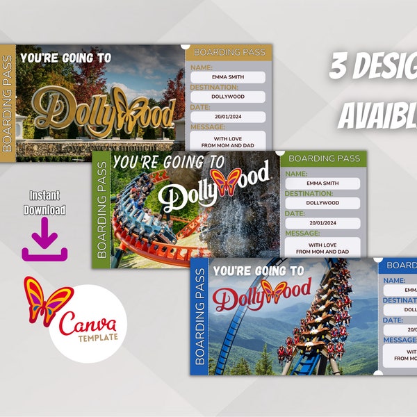 Customizable surprise ticket template for DOLLYWOOD,printable DOLLYWOOD boarding pass , Tennessee vacation travel gift, instant download.