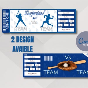 May include: Two printable baseball ticket designs. The first design features a silhouette of a baseball player batting and a silhouette of a baseball player running. The second design features a baseball glove with a baseball and a baseball bat. Both designs have the text "Surprise!" and "Team vs Team" on a blue background with white LA logos.