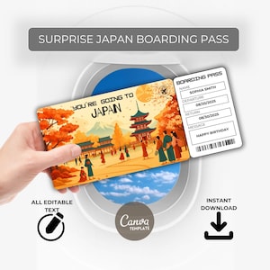 Japan Trip Gift Ticket – Surprise Boarding Pass – Editable Travel Voucher – Instant Download – Printable for Birthday or Vacation
