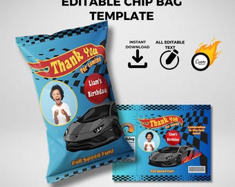 Editable Race Car Birthday Chip Bag Template – Canva Party Favor – Printable Snack Wrapper