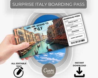 ITALY Trip Gift Ticket – Surprise Boarding Pass – Editable Travel Voucher – Instant Download – Printable for Birthday or Vacation