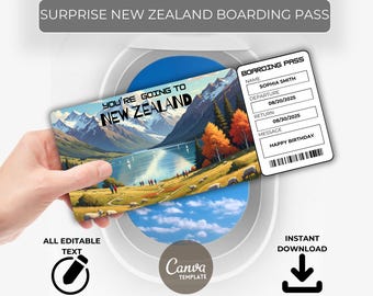 NEW ZEALAND Trip Gift Ticket – Surprise Boarding Pass – Editable Travel Voucher – Instant Download – Printable for Birthday or Vacation