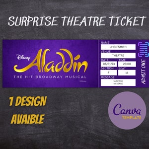 Vorlage ALADDIN The Hit Broadway Musical Surprise Ticket To THE THEATRE, Sofortiger Download, Bearbeitbar und druckbar einfach Geschenkticket zu machen