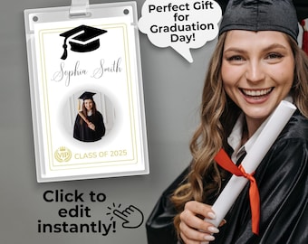 Modèle de pass VIP pour l'obtention du diplôme | Badge modifiable sur Canvas | Porte-nom imprimable pour la promotion 2025 | Identifiant de remise des diplômes personnalisé