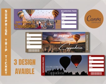 Billets de voyage surprise imprimables pour la Cappadoce, billet de vacances, téléchargement immédiat de fichiers PDF modifiables, laissez-passer, impression à la maison.