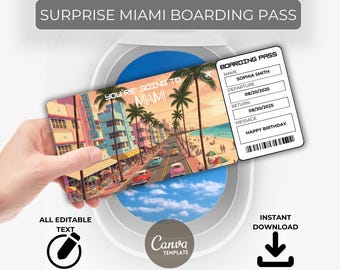 MIAMI Trip Gift Ticket –Surprise Boarding Pass – Editable Travel Voucher –Instant Download– Printable for Birthday or Vacation