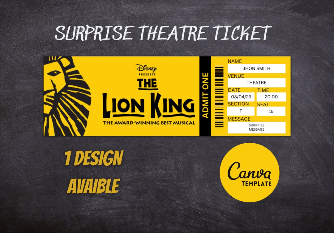 Template THE LION KING Musical Surprise Ticket to the Theatre, Instant ...