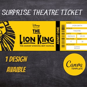 Modelo de ingresso surpresa musical do REI LEÃO para o teatro, download instantâneo, editável e imprimível, fácil de fazer, ingresso para presente