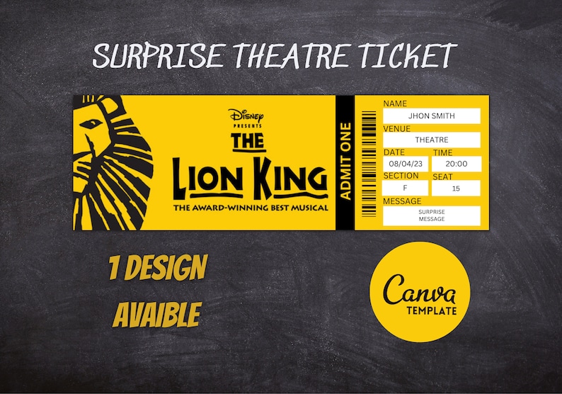 Template THE LION KING Musical Surprise Ticket to the Theatre, Instant Download, Editable and ...