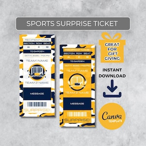 Può includere: Due biglietti a sorpresa sportivi a tema hockey con un design giallo, blu navy e bianco. I biglietti includono campi per il nome del destinatario, la sezione, la fila, il posto e un messaggio. L'immagine include anche il testo "Great for Gift Giving" e "Instant Download".