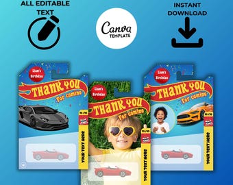Toy Car Packaging Thank You Tag, Editable Race Car Birthday Favor, Printable Party Supplies, Custom Car Tag Template Canva