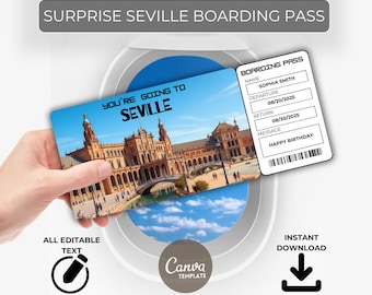 SEVILLE Trip Gift Ticket – Surprise Boarding Pass – Editable Travel Voucher – Instant Download – Printable for Birthday or Vacation