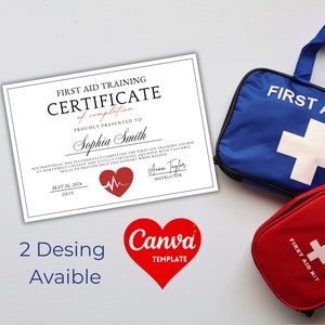 カスタマイズ可能な修了証。応急処置トレーニング コース テンプレート、編集可能な CPR 認定、印刷可能なコース修了証