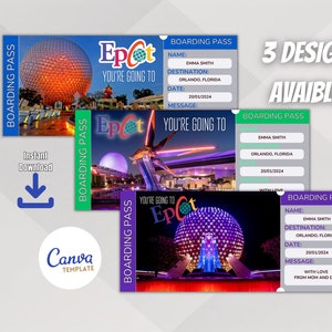 Anpassbare Überraschungsticketvorlage für Epcot, druckbare Epcot Bordkarte, Florida Urlaubsreisegeschenk, sofortiger Download.