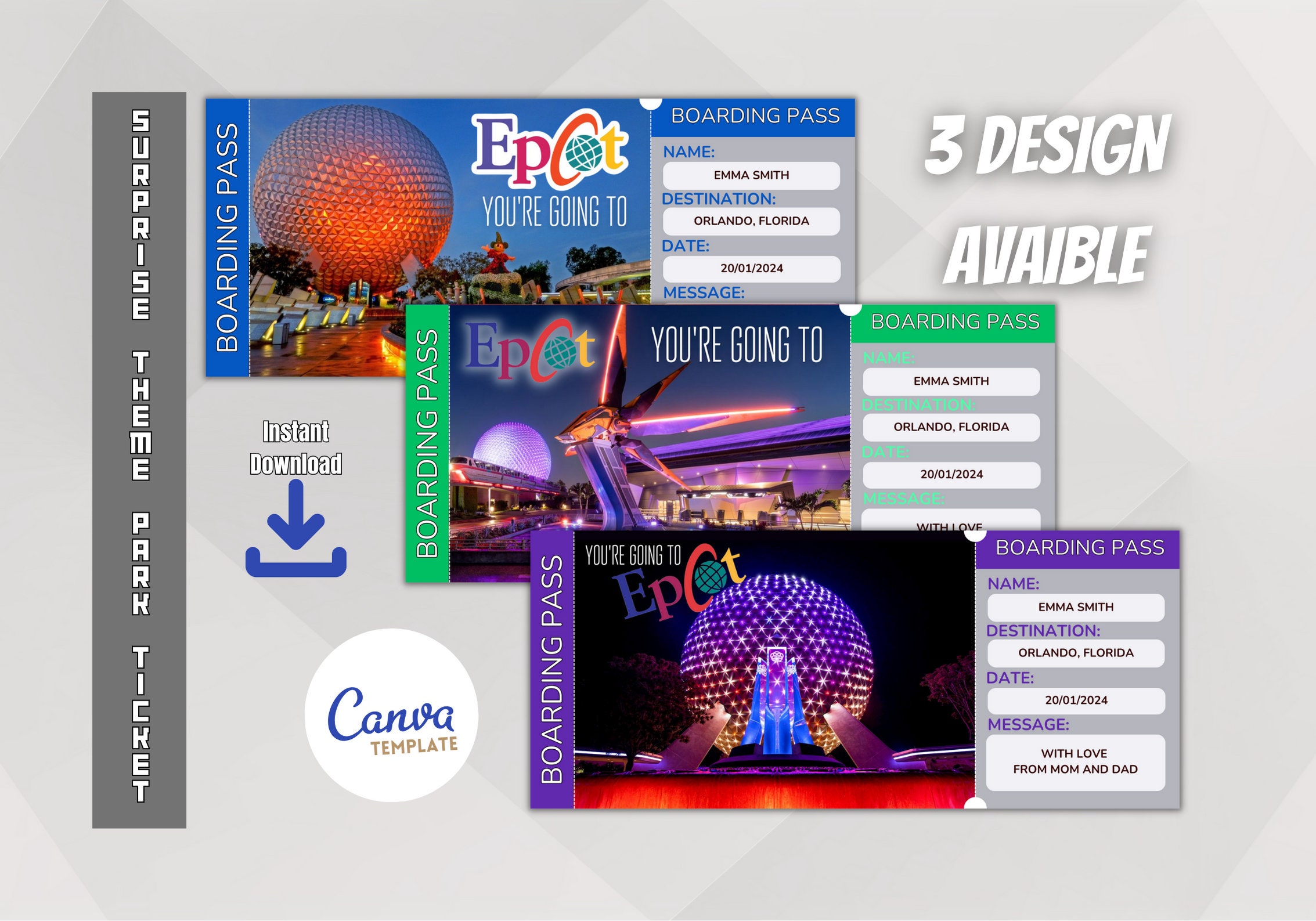 Customizable Surprise Ticket Template for Epcot ,printable Epcot Boarding Pass , Florida