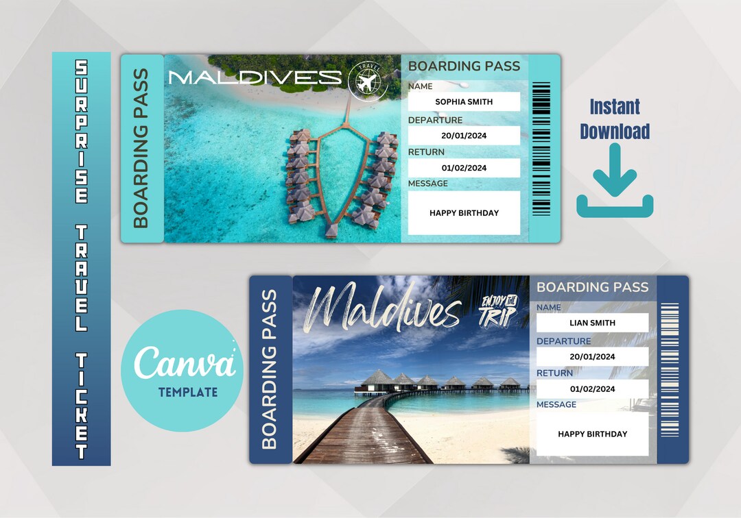 Printable Maldives Surprise Travel Tickets Template, Vacation Ticket