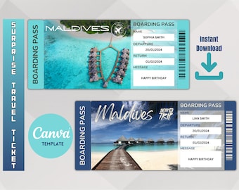 Modèle imprimable de billets de voyage surprise des Maldives, billet de vacances, téléchargement instantané de fichiers PDF modifiables Pass, impression à la maison.