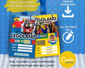 Badge d'identification VIP Pass pour enfants - Inspiré du parc à thème LEGOLAND, modifiable sur Canva, voyage surprise imprimable, téléchargement immédiat