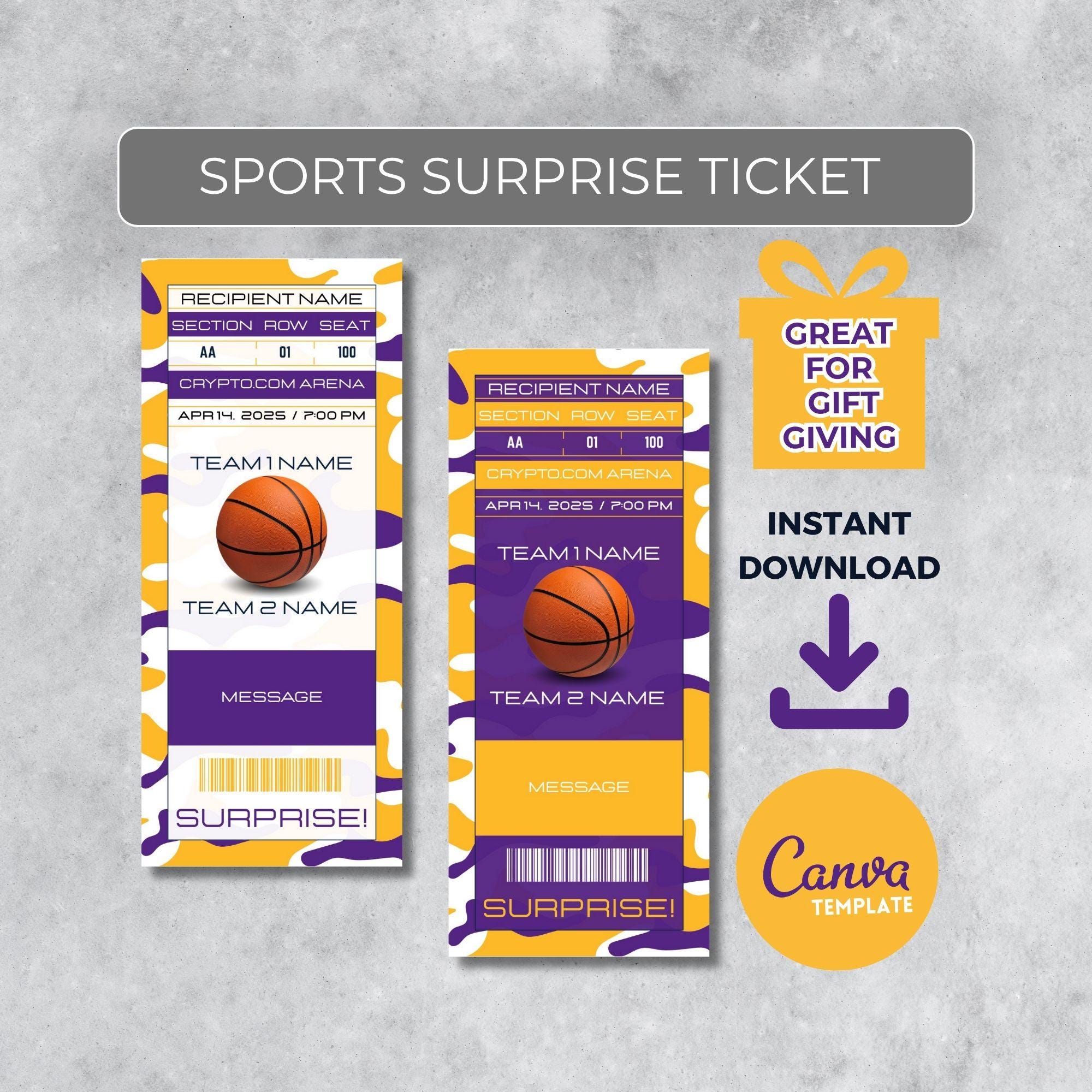 Instantly Editable Basketball Ticket | Los Angeles Colors Game Day Gift |  Surprise Sports Stub for Fans | Printable - Personalized Gift | - Etsy