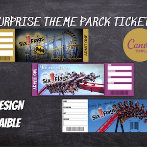 May include: Three printable ticket designs for a Six Flags theme park. Each ticket has a different background image and text. The first ticket is gold with a roller coaster and the text "Six Flags" and "ADMIT ONE". The second ticket is purple with a roller coaster and the text "You are going to Six Flags" and "ADMIT ONE". The third ticket is blue with a roller coaster and the text "Ready for adventure Six Flags" and "BOARDING PASS".