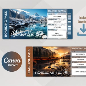 Modèle imprimable de billets de voyage Yosemite Surprise, billet de vacances, téléchargement immédiat de fichiers PDF modifiables, laissez-passer, impression à la maison.