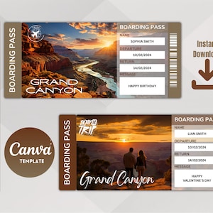Printable Grand Canyon Surprise Travel Tickets Template, Vacation Ticket, Instant download of editable PDF files Pass, Print at Home.