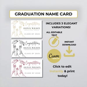 Tarjeta de nombre de graduación editable / Tarjetas de nombre personalizadas y elegantes / Plantilla Canva / Descarga instantánea / 3 estilos incluidos