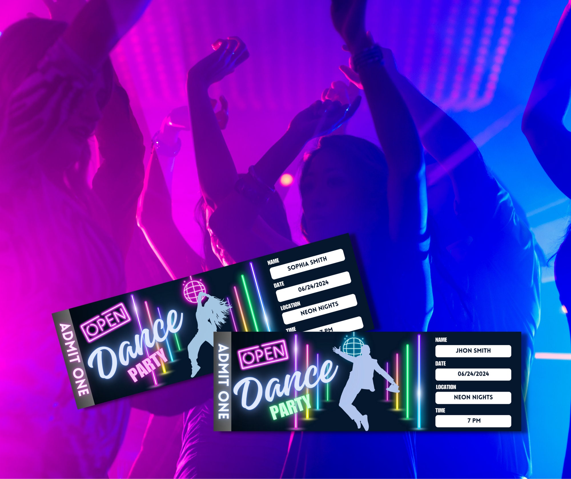 Simple Rave Style Ticket Invites Retro Neon Dance Party Ticket Template: Editable Canva Design (instant ...