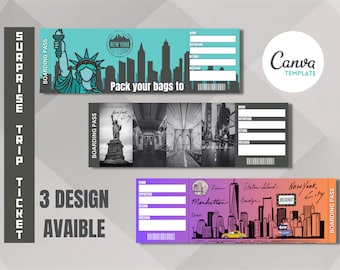 Billets de voyage surprise à New York imprimables, billet de vacances, téléchargement instantané de fichiers PDF modifiables Pass, impression à la maison.