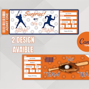 Könnte beinhalten: Zwei druckbare Baseball-Ticketvorlagen in einem orange-blauen Farbschema. Die erste Vorlage zeigt eine Silhouette von zwei Baseballspielern. Die zweite Vorlage zeigt einen Baseballhandschuh und einen Schläger mit einem Baseball im Handschuh. Beide Vorlagen haben den Text "Überraschung!" und "Team gegen Team".