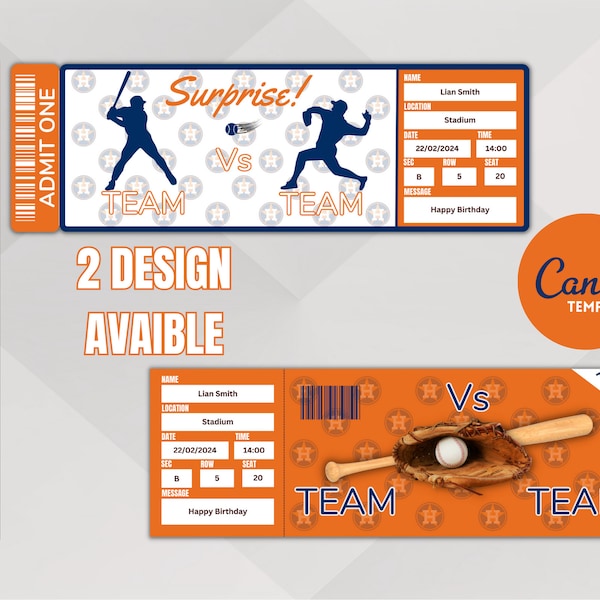 Baseball Game Houston Colors ticket template surprise: Ready in Action, Instant Download, editable and printable ticket very easy