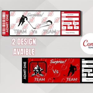 May include: Two printable hockey ticket templates with a red and white background. The tickets have a black border and say "Surprise!" and "Team vs Team". The text "Happy Birthday" is included on the tickets.