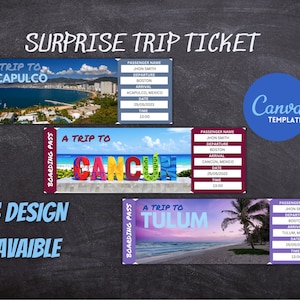 Mexico Surprise Trip Ticket Template: Acapulco, Cancun, Tulum (Printable PDF)
