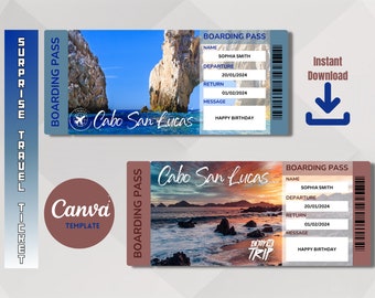 Modèle imprimable de billets de voyage surprise pour Cabo San Lucas, billet de vacances, téléchargement immédiat de fichiers PDF modifiables, laissez-passer, impression à la maison.
