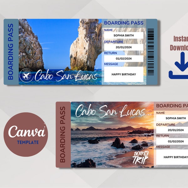 Printable Cabo San Lucas Surprise Travel Tickets Template, Vacation Ticket, Instant download of editable PDF files Pass, Print at Home.