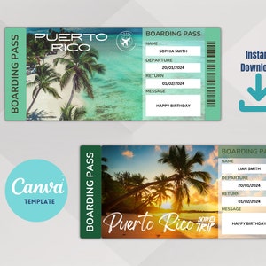 Printable Puerto Rico Surprise Travel Tickets Template, Vacation Ticket, Instant download of editable PDF files Pass, Print at Home.