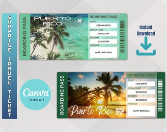 Modèle imprimable de billets de voyage surprise de Porto Rico, billet de vacances, téléchargement instantané de fichiers PDF modifiables Pass, impression à la maison.