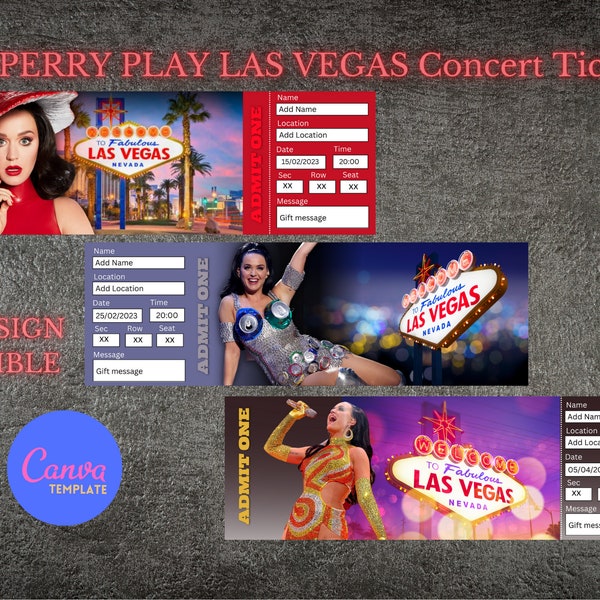 Modello personalizzato per biglietto per concerto di KATY PERRY Play Las Vegas / Stampabile / Personalizzabile al 100% in Canva / Download istantaneo