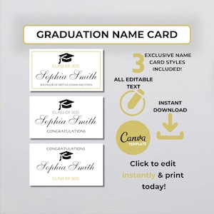Tarjeta de nombre de graduación editable / Tarjetas de nombre personalizadas elegantes para graduación / Plantilla Canva imprimible y de descarga instantánea.